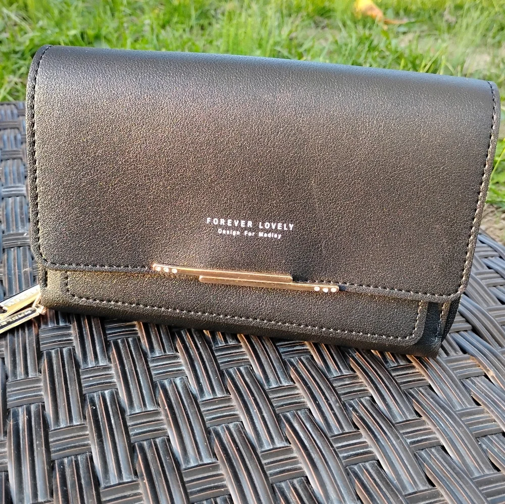 Forever Lovely Large Black Vegan Leather Wallet Clutch Gold Accents By Madley
